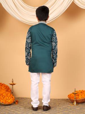 Boys teal blue rayon floral vine embroidered sequined kurta & pyjama set 2