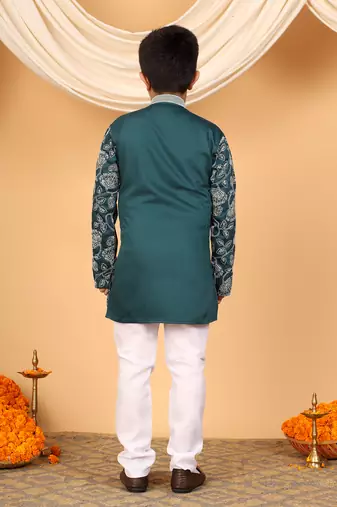 Boys teal blue rayon floral vine embroidered sequined kurta & pyjama set