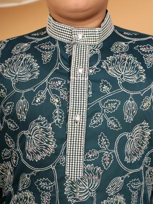 Boys teal blue rayon floral vine embroidered sequined kurta & pyjama set 3