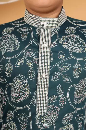 Boys teal blue rayon floral vine embroidered sequined kurta & pyjama set