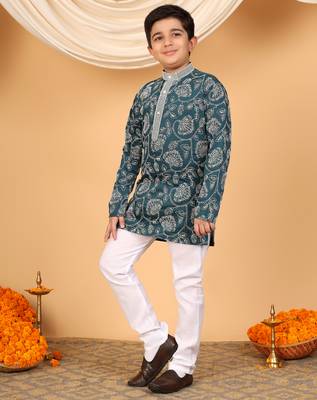 Boys teal blue rayon floral vine embroidered sequined kurta & pyjama set 4
