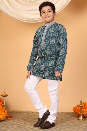 Boys teal blue rayon floral vine embroidered sequined kurta & pyjama set