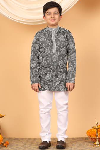 Boys charcoal grey rayon floral vine embroidered sequined kurta & pyjama set