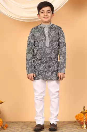 Boys charcoal grey rayon floral vine embroidered sequined kurta & pyjama set
