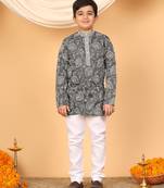 Boys charcoal grey rayon floral vine embroidered sequined kurta & pyjama set