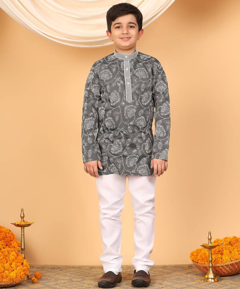 Boys charcoal grey rayon floral vine embroidered sequined kurta & pyjama set