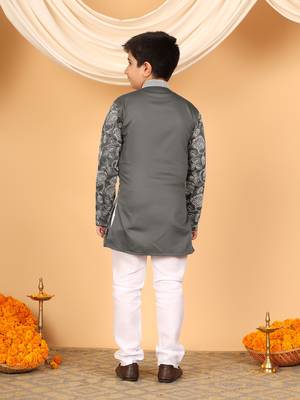 Boys charcoal grey rayon floral vine embroidered sequined kurta & pyjama set 2