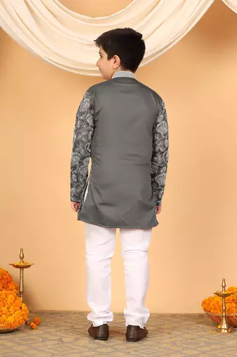 Boys charcoal grey rayon floral vine embroidered sequined kurta & pyjama set