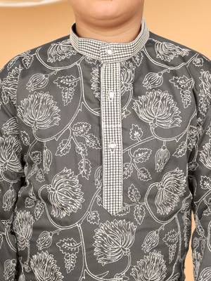 Boys charcoal grey rayon floral vine embroidered sequined kurta & pyjama set 3