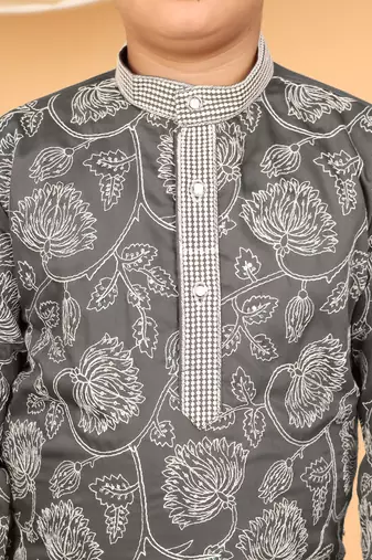 Boys charcoal grey rayon floral vine embroidered sequined kurta & pyjama set
