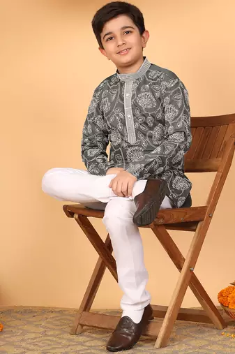 Boys charcoal grey rayon floral vine embroidered sequined kurta & pyjama set