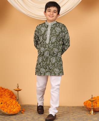 Boys olive green rayon floral vine embroidered sequined kurta & pyjama set 1