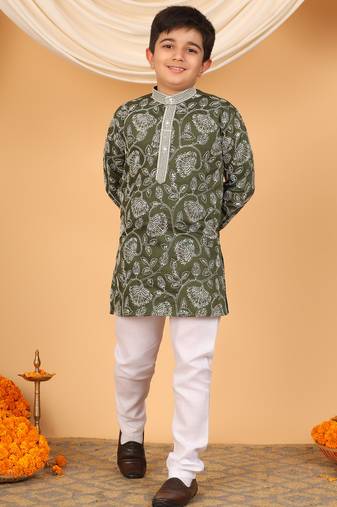 Boys olive green rayon floral vine embroidered sequined kurta & pyjama set