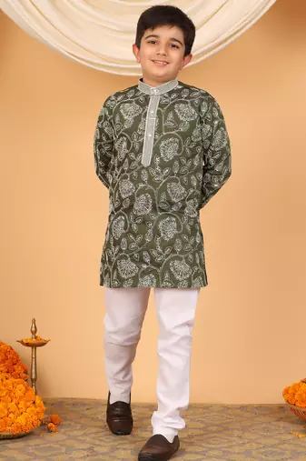 Boys olive green rayon floral vine embroidered sequined kurta & pyjama set