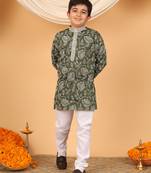 Boys olive green rayon floral vine embroidered sequined kurta & pyjama set