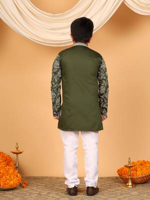Boys olive green rayon floral vine embroidered sequined kurta & pyjama set 2