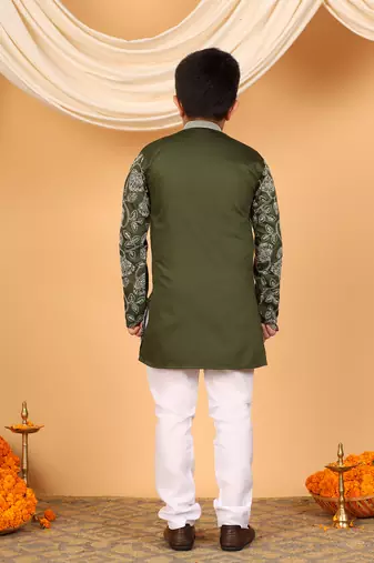 Boys olive green rayon floral vine embroidered sequined kurta & pyjama set