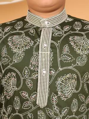 Boys olive green rayon floral vine embroidered sequined kurta & pyjama set 3