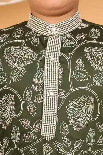 Boys olive green rayon floral vine embroidered sequined kurta & pyjama set