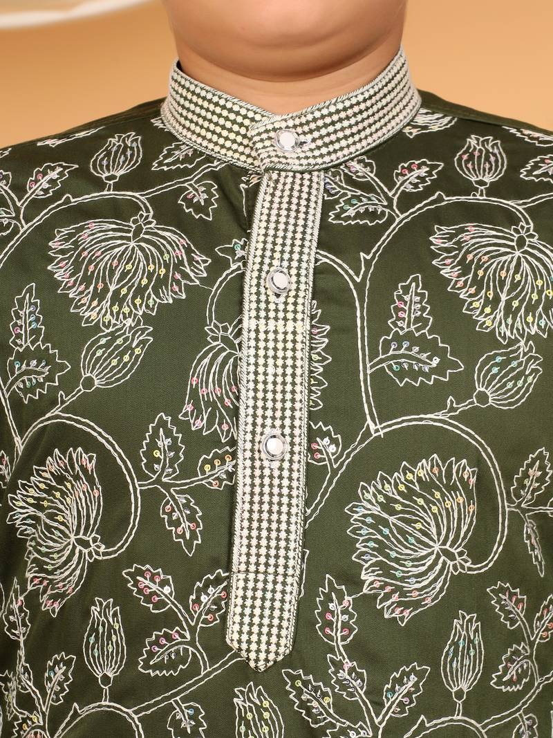 Boys olive green rayon floral vine embroidered sequined kurta & pyjama set