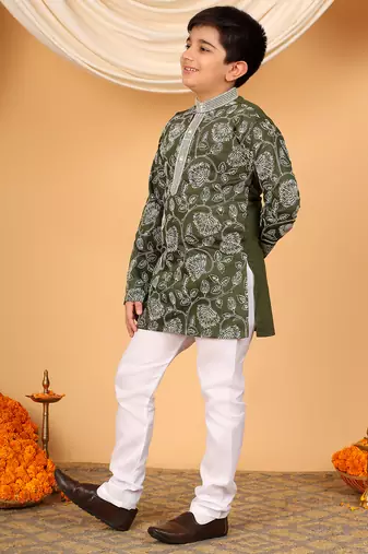 Boys olive green rayon floral vine embroidered sequined kurta & pyjama set