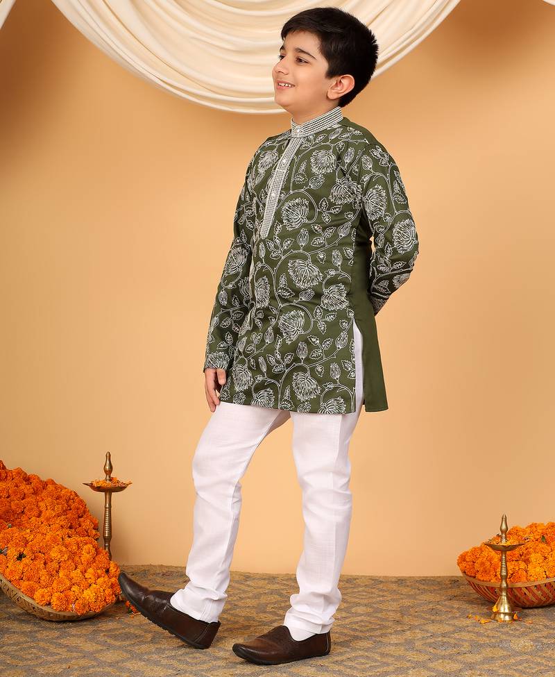 Boys olive green rayon floral vine embroidered sequined kurta & pyjama set