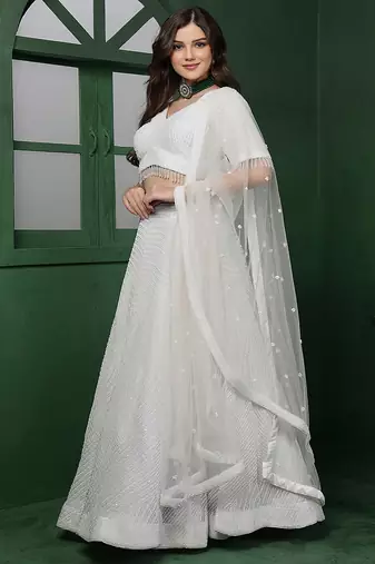 white monotone beadwork lehenga set with blouse and dupatta
