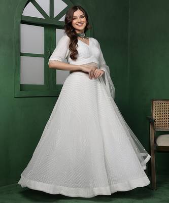 white monotone beadwork lehenga set with blouse and dupatta 5
