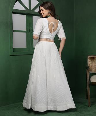 white monotone beadwork lehenga set with blouse and dupatta 7