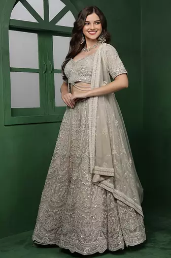 light fawn heavy embroidered net lehenga set with blouse and dupatta