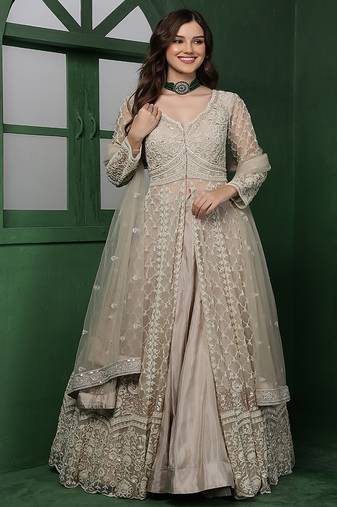 Light Fawn Net Jacket Lehenga Set With Heavy Embroidered Jacket And Dupatta