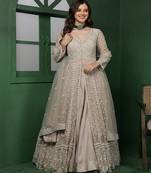 Light Fawn Net Jacket Lehenga Set With Heavy Embroidered Jacket And Dupatta