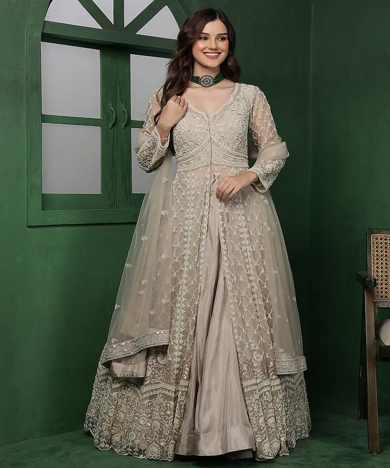 Light Fawn Net Jacket Lehenga Set With Heavy Embroidered Jacket And Dupatta