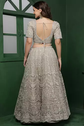 light fawn net jacket lehenga set with heavy embroidered jacket and dupatta