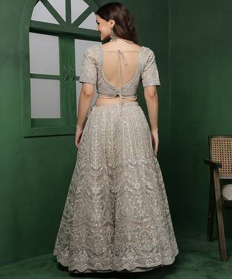 light fawn net jacket lehenga set with heavy embroidered jacket and dupatta 5