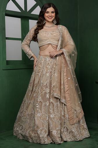 Light Beige Heavy Embroidered Net Lehenga Set