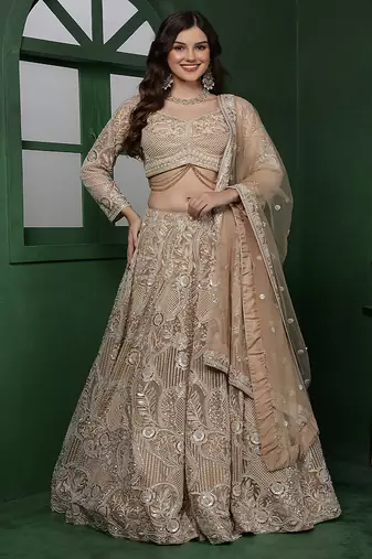 Light Beige Heavy Embroidered Net Lehenga Set