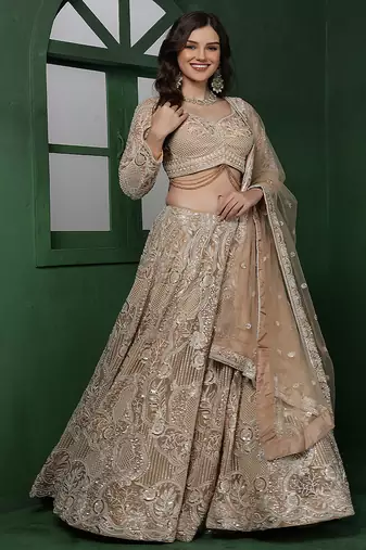light beige heavy embroidered net lehenga set with blouse and dupatta