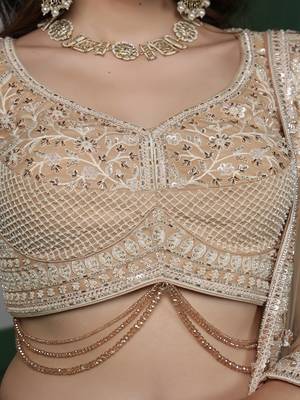 light beige heavy embroidered net lehenga set with blouse and dupatta 3