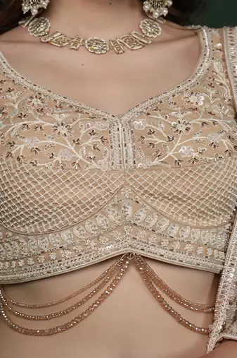 light beige heavy embroidered net lehenga set with blouse and dupatta