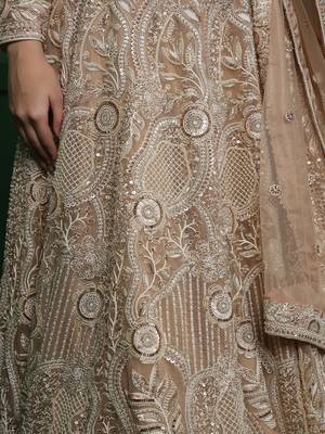 light beige heavy embroidered net lehenga set with blouse and dupatta 4