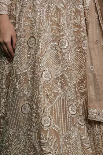 light beige heavy embroidered net lehenga set with blouse and dupatta