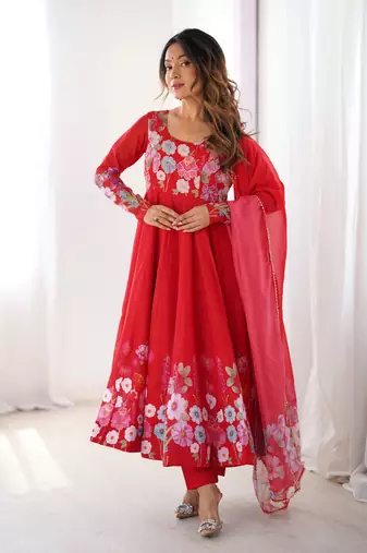 Red Silk Sequin Anarkali with dupatta