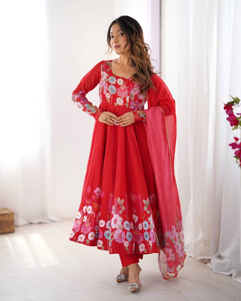 Red Silk Sequin Anarkali with dupatta