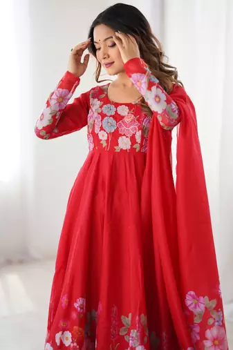 Red Silk Sequin Anarkali with dupatta