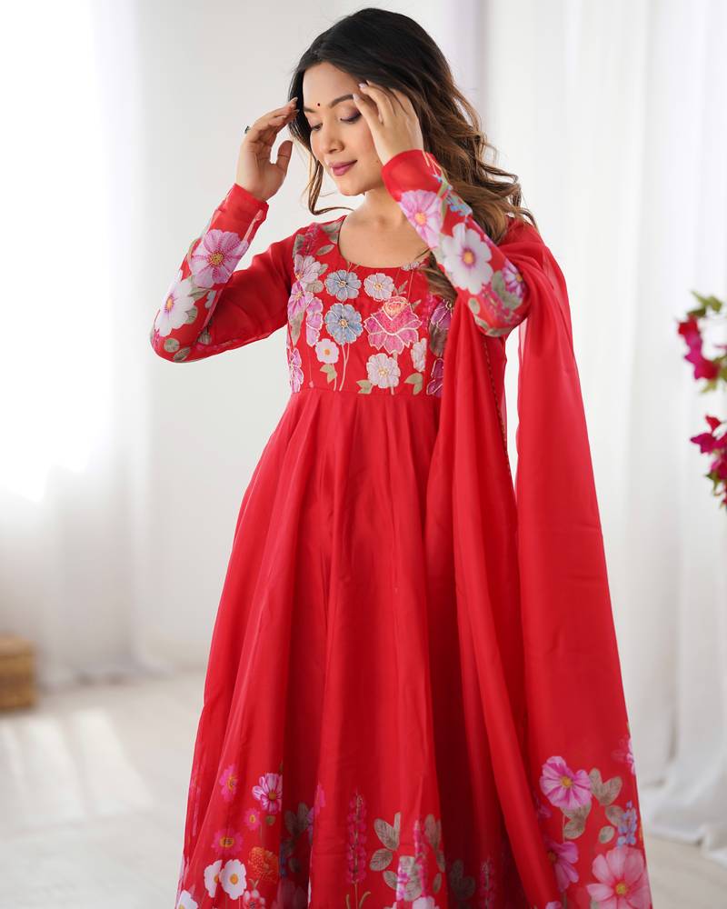 Red Silk Sequin Anarkali with dupatta