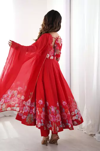 Red Silk Sequin Anarkali with dupatta