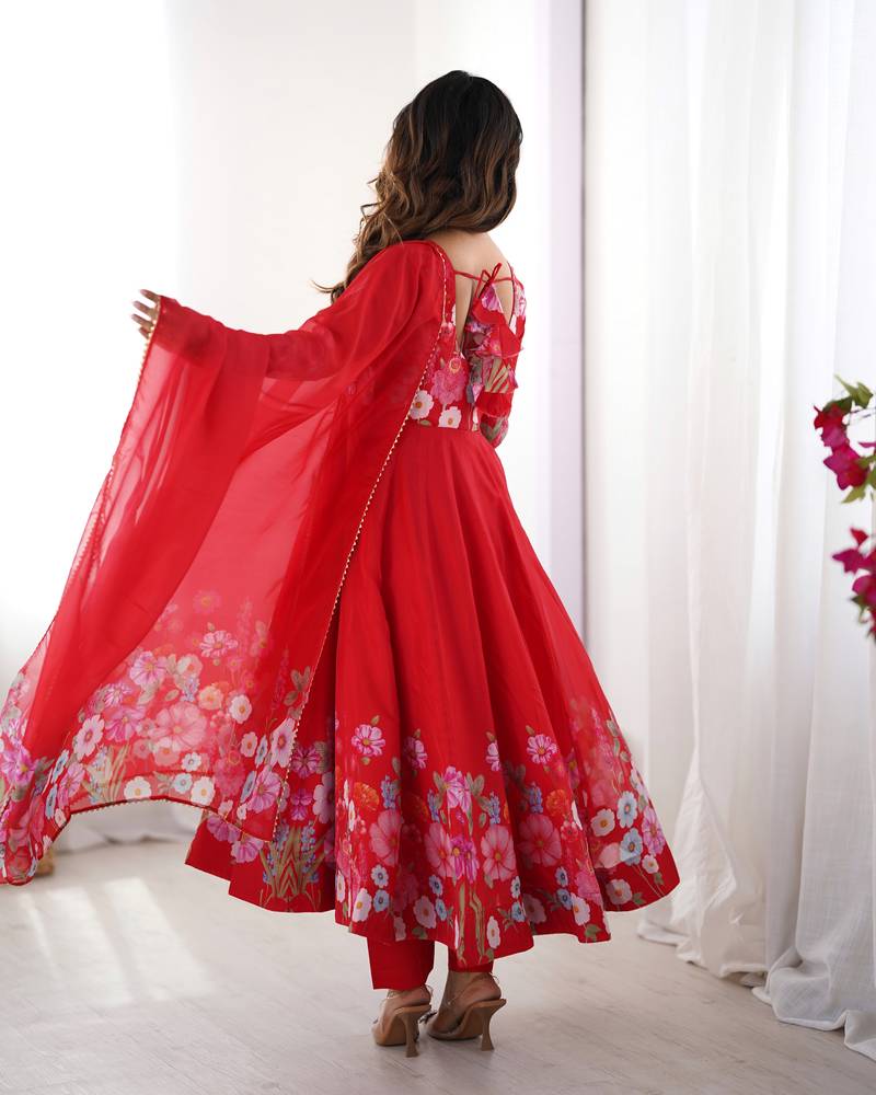 Red Silk Sequin Anarkali with dupatta