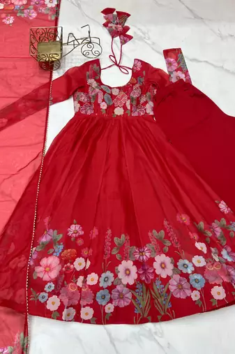 Red Silk Sequin Anarkali with dupatta