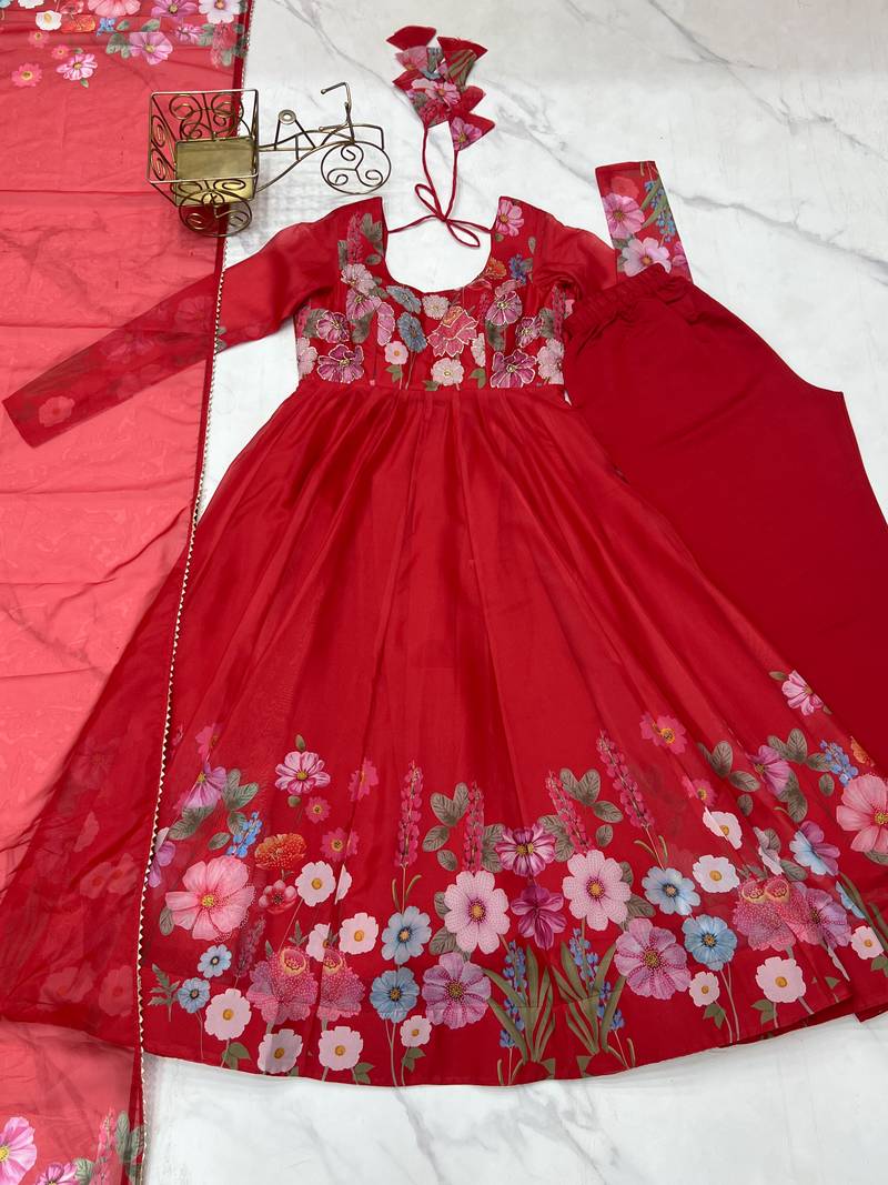 Red Silk Sequin Anarkali with dupatta